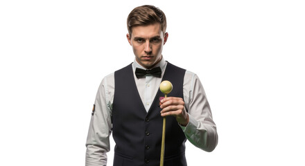 Focused snooker player with cue standing against white background