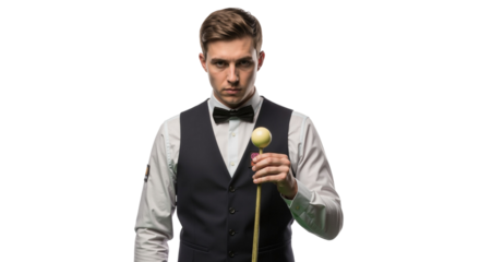 Focused snooker player with cue standing against white background