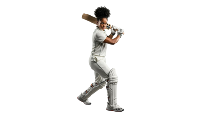Confident female cricketer poised with bat ready for match impact