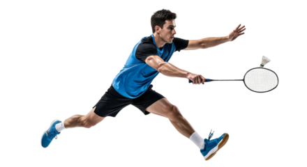 Dynamic badminton player in mid-air strike isolated against white backdrop