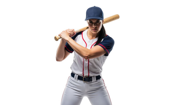 Female baseball player ready to swing on white backdrop for sport concept