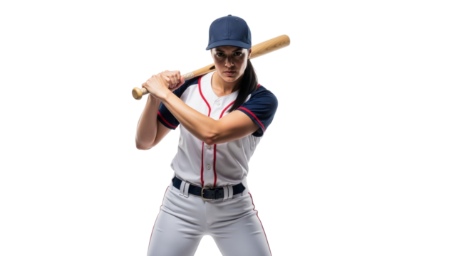 Female baseball player ready to swing on white backdrop for sport concept