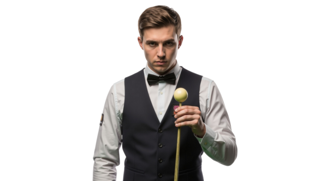 Focused snooker player with cue standing against white background