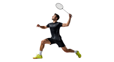 Dynamic badminton player serving with strength and precision on white