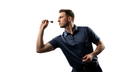 Focused man throwing a dart aiming for precision and skillful execution