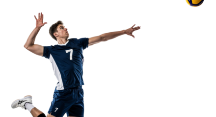 Dynamic volleyball player executing jump serve against a stark white backdrop