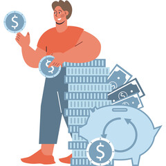 Man Saving Money With Coins and Piggy Bank With Blue and White Color Palette On Transparent Background