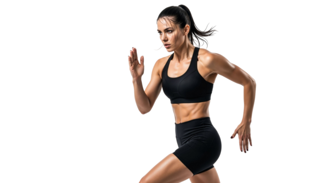 Dynamic runner with powerful physique isolated on clear studio setting
