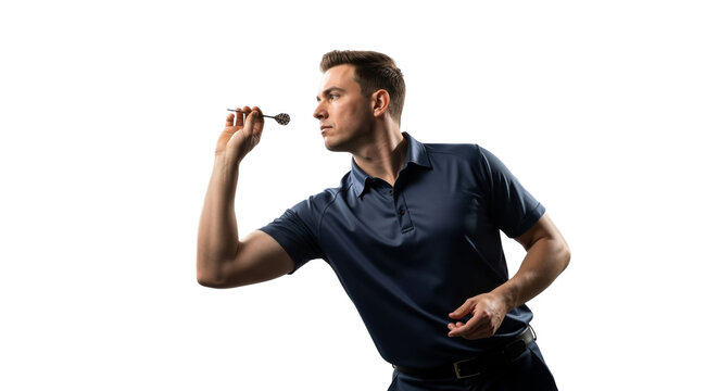 Focused man throwing a dart aiming for precision and skillful execution
