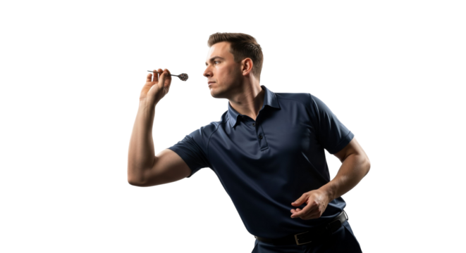 Focused man throwing a dart aiming for precision and skillful execution