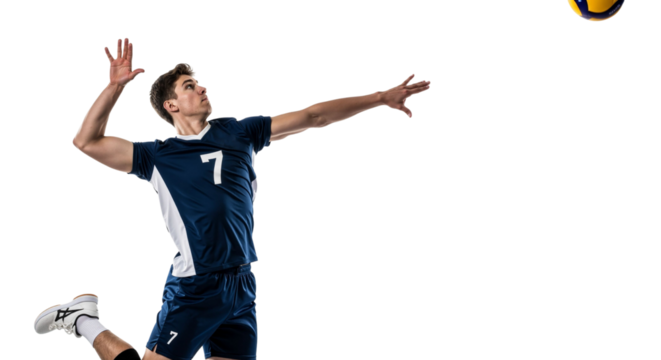 Dynamic volleyball player executing jump serve against a stark white backdrop