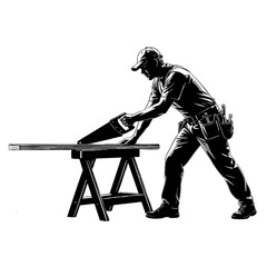 Craftsman at Work: A skilled artisan, silhouetted against a plain background, meticulously uses a hand saw to shape wood, embodying craftsmanship and manual labor.