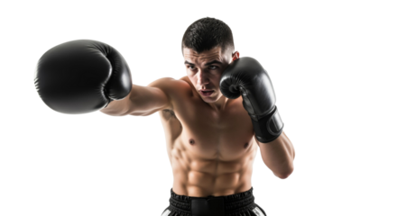 Intense boxer throwing a punch with black gloves on clean white background