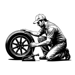 Tire Repair Illustration: A mechanic focuses intently on repairing a tire, demonstrating skill and precision to restore vehicle safety and readiness.