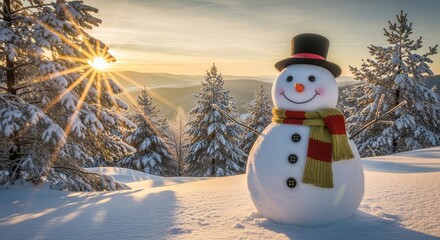 A cheerful snowman standing in a snowy landscape with trees and a bright sun in the background scene