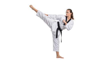 Focused martial artist executing a precise front kick for display action