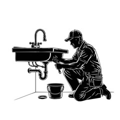 Plumber at Work: A skilled plumber focuses intently on fixing a sink, wielding tools with precision in a service-oriented scene.