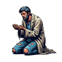 Poverty and Despair: A somber depiction of a man kneeling in despair, a poignant visual representing hardship, destitution, and social issues.