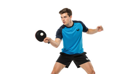 Dynamic ping pong player ready to strike on a pristine white background