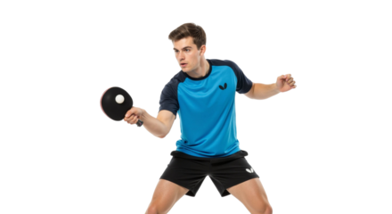 Dynamic ping pong player ready to strike on a pristine white background