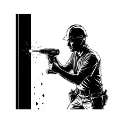 Construction Professional in Action: An industrious construction worker, clad in a hardhat, is using a drill with precision on a wall.