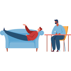 Man Lying on Blue Couch Talking to Therapist Sitting at Desk Taking Notes In Office Setting