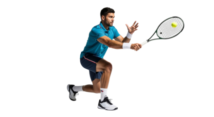 Focused tennis player in action swing racquet isolated on white background