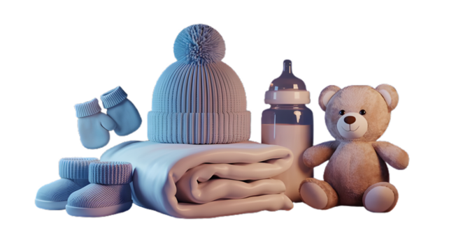 Newborn Baby Essentials: Hat, Blanket, Teddy Bear, Bottle, Booties, Mittens