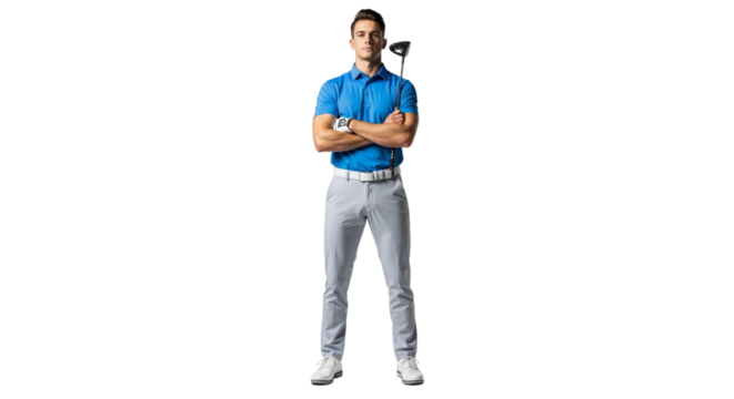 Focused golfer poses with club ready for a powerful swing session