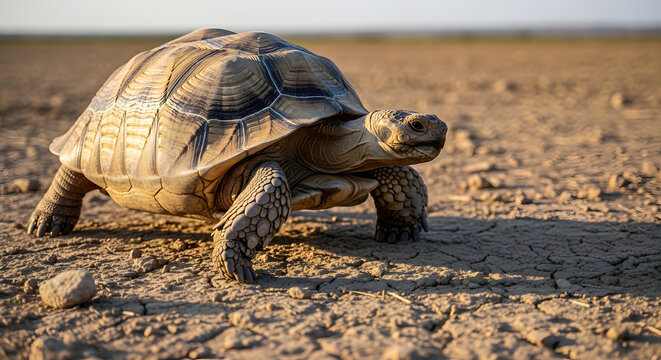 African Spurred Tortoise Walking Across Arid Land Under Bright Sunlight