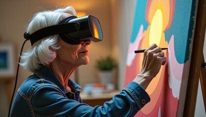 Creative elderly woman using virtual reality to paint in a modern art studio