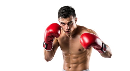 Focused boxer with red gloves prepares for a match in dynamic stance