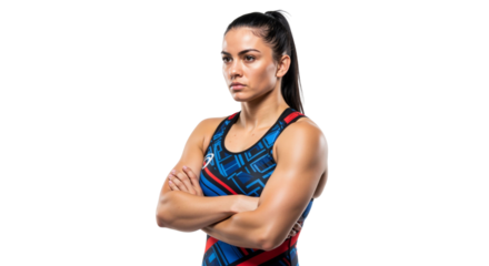 Determined Female Athlete Posing with Crossed Arms on White Background