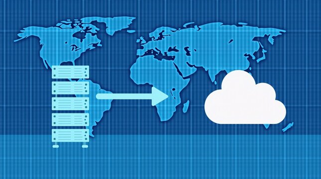 A blue-themed illustration of a world map, with a server stack on the left, an arrow pointing to a cloud icon, representing global cloud computing and data distribution.