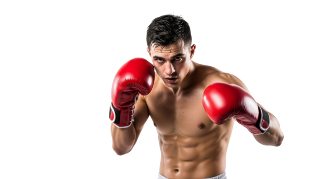 Focused boxer with red gloves prepares for a match in dynamic stance