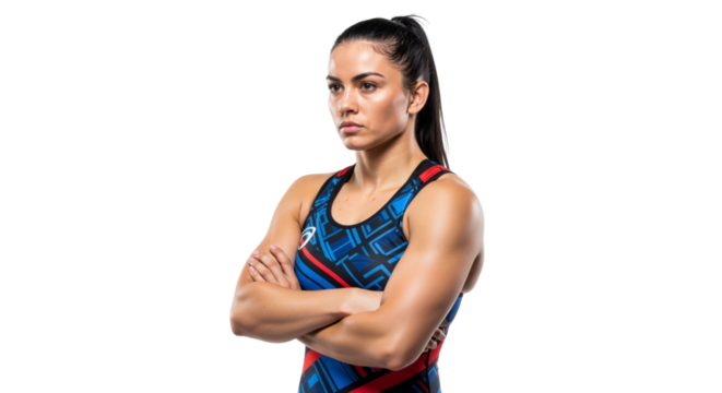 Determined Female Athlete Posing with Crossed Arms on White Background