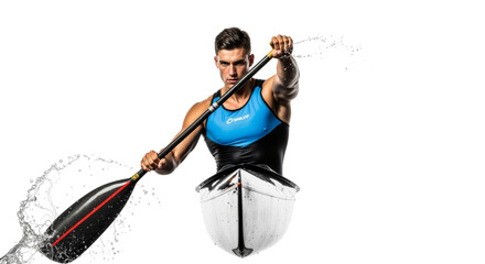 Focused paddler demonstrating kayaking technique on isolated background