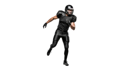 Determined football player runs with competitive intensity on white