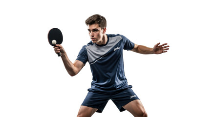Dynamic athlete poised to strike in a table tennis match on white backdrop