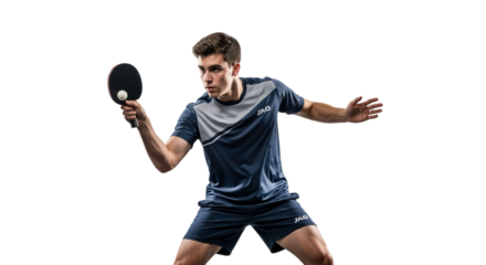 Dynamic athlete poised to strike in a table tennis match on white backdrop