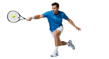 Energetic tennis player hitting forehand isolated on a clean background