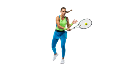 Focused Female Tennis Player Swinging Racket on White Background