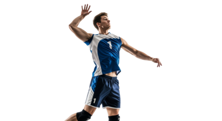Athlete's powerful volleyball serve isolated on bright white backdrop