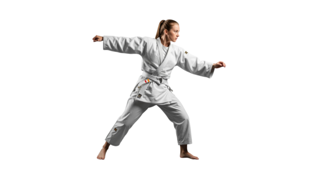 Focused female judoka executes precise martial art technique on white backdrop