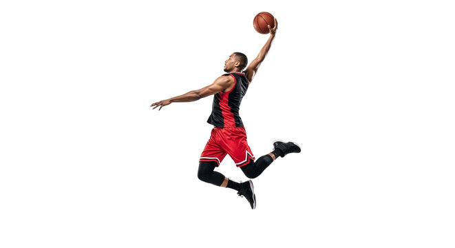 Dynamic basketball player mid-air slam dunk on a clean white backdrop
