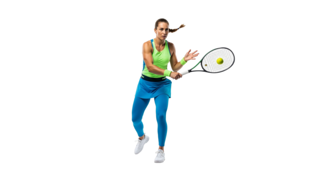 Focused Female Tennis Player Swinging Racket on White Background
