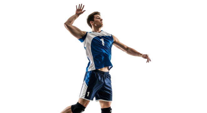 Athlete's powerful volleyball serve isolated on bright white backdrop