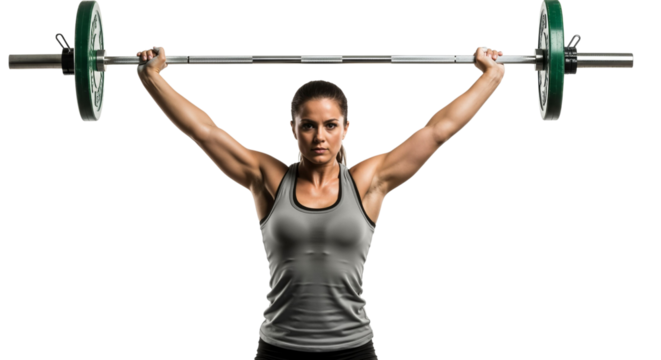 Determined woman lifts barbell overhead in weightlifting exercise
