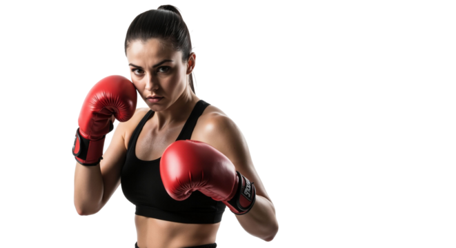 Focused female boxer in fighting stance with red gloves on white backdrop - Powered by Adobe