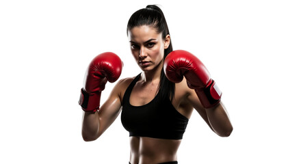 Strong athletic woman wearing boxing gloves with focused determination